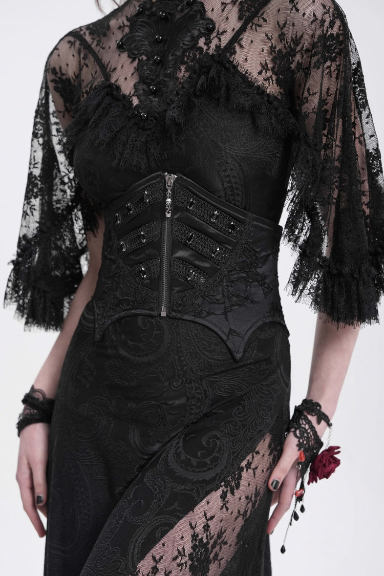 Black Batwing Beaded Lace-Up Zipper Women's Underbust Corset - Product - 2