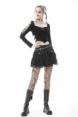 Black Long Sleeves Irregular Strappy Bat Women's Punk Crop Top - Product - 10