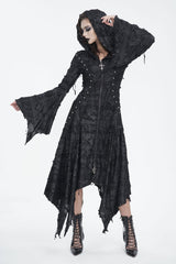 Black Long Trumpet Sleeves Irregular Hooded Womens Gothic Dress - Product - 4