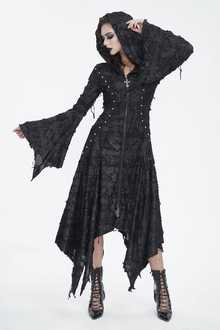 Black Long Trumpet Sleeves Irregular Hooded Womens Gothic Dress - Product - 4