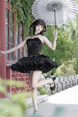 Black Bamboo Dream Multi-layer Dark Pattern Print Ruffle Gothic Lolita Skirt Set - Product - 3