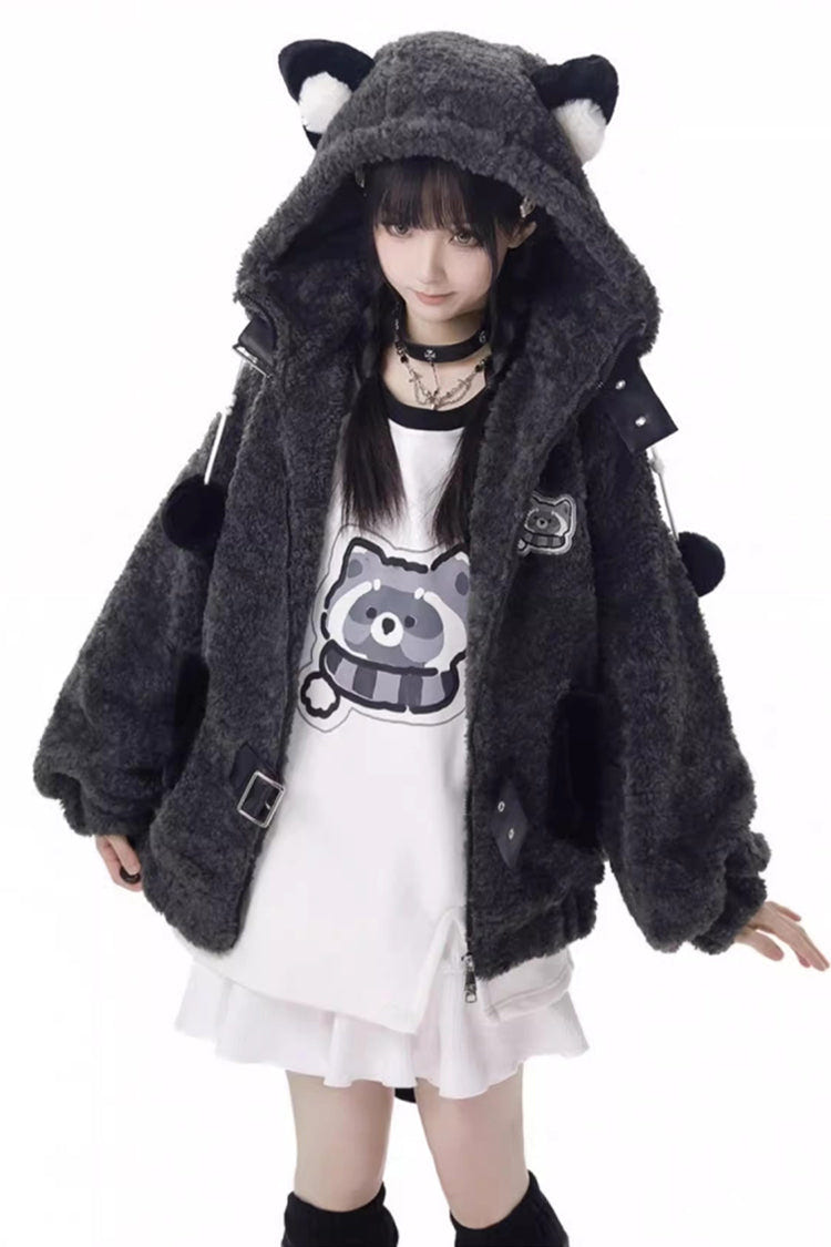 Black/Grey [Little Hibernating Bear] Long Sleeves Hooded Zippered Sweet Lolita Coat and Skirt Set - Full-Set - 1