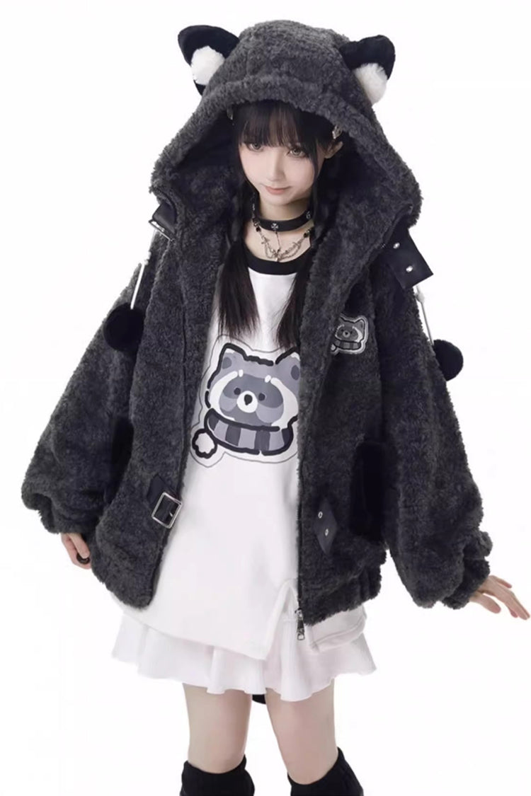 Black/Grey [Little Hibernating Bear] Long Sleeves Hooded Zippered Sweet Lolita Coat and Skirt Set - Full-Set - 1