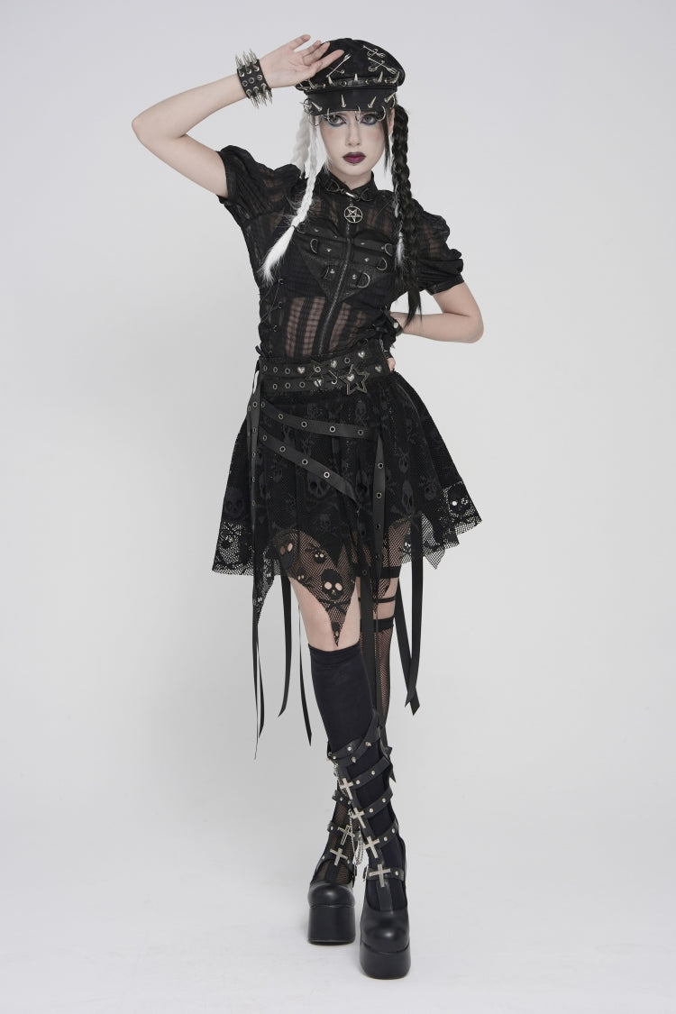 Black Double-Layered Lace Lace-Up Irregular Mesh Eyelet Women's Punk Skirt - Product - 9