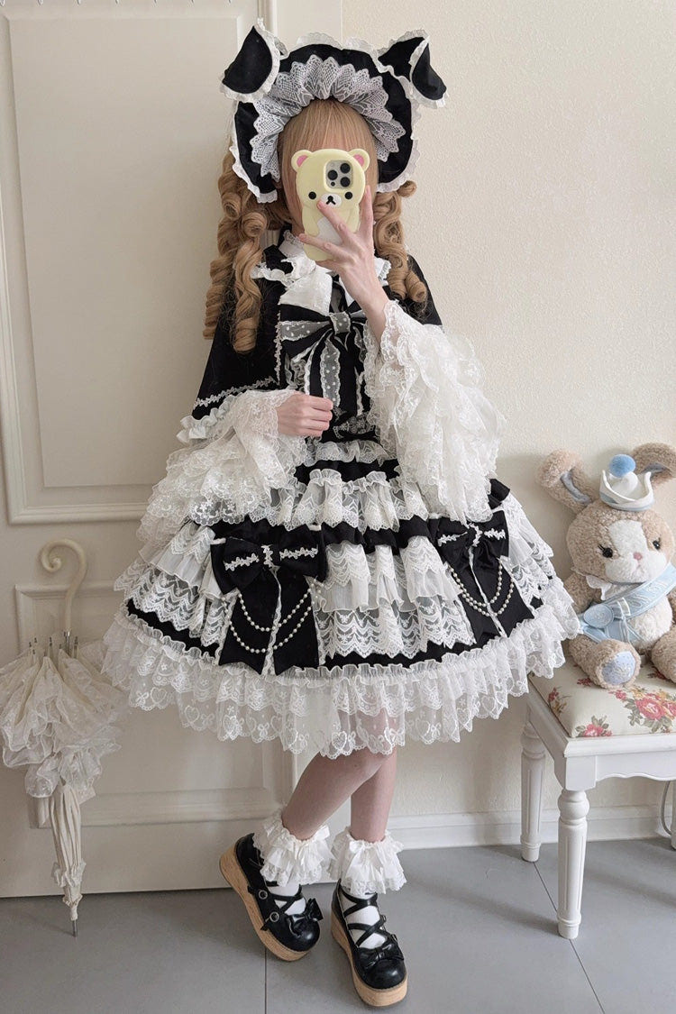 Black [Knot of the Crossed Heart] Sleeveless Multi-Layered Ruffle Hanayome Cardigan Bowknot Lace Lace-Up Sweet Lolita Jsk Dress - Product - 2