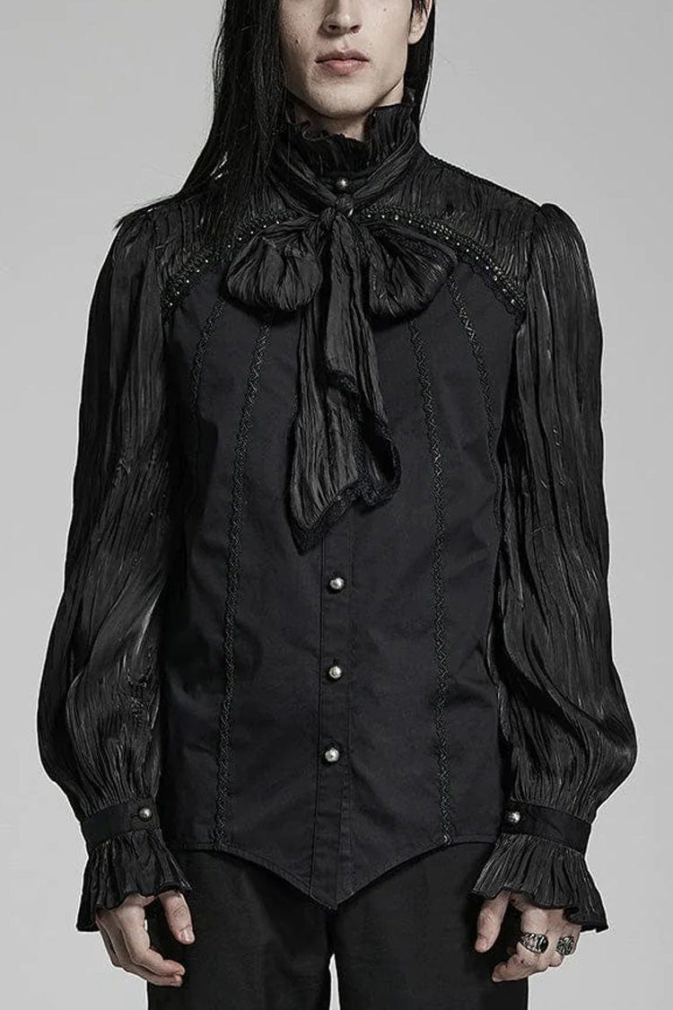 Black Stand Collar Ruched Stitching Lace Mens Gothic Blouse with Scarf - Black - 1
