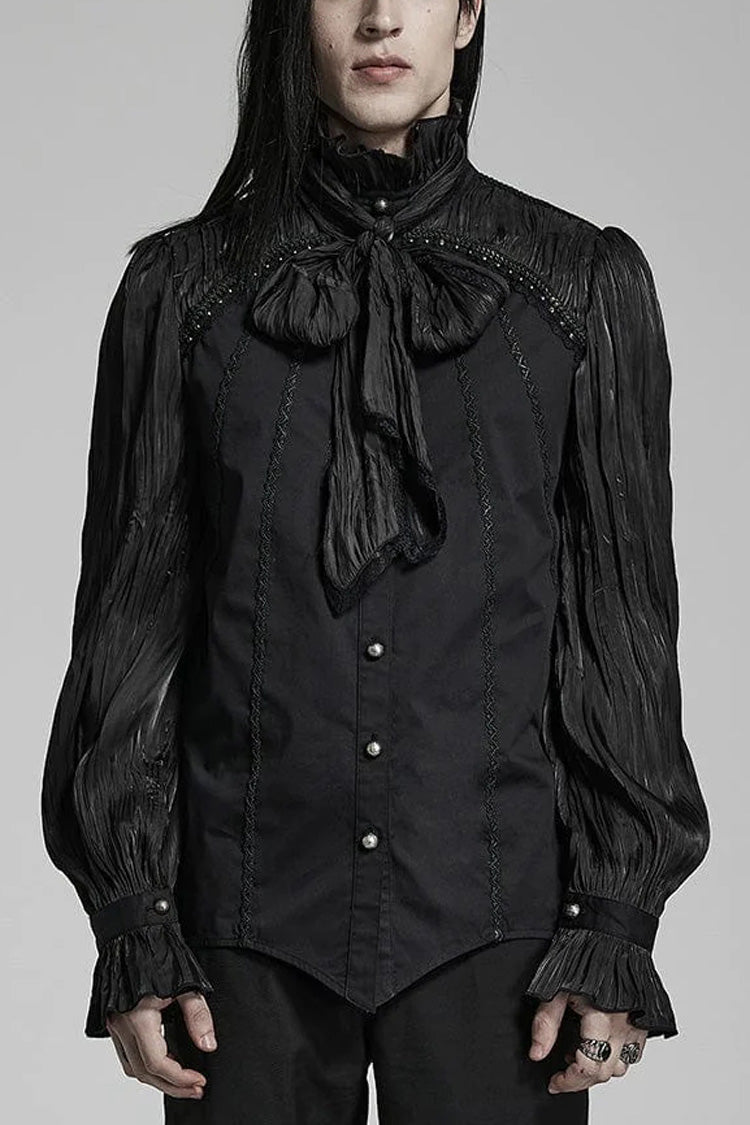 Black Stand Collar Ruched Stitching Lace Mens Gothic Blouse with Scarf - Black - 1