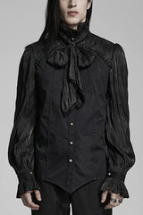 Black Stand Collar Ruched Stitching Lace Mens Gothic Blouse with Scarf - Black - 1