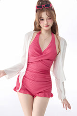 Rose Red V Collar Halterneck Sleeveless Jacquard Ruffled Bow Sweet Lolita One-piece Swimsuit - Product - 6