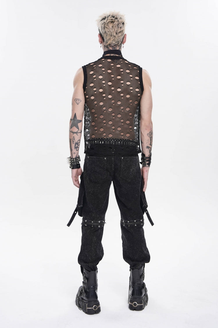 Black Round Collar Sleeveless Cut-Out Mesh Ripped Chain-Decorated Eyelet Men's Punk Cool Vest - Product - 4