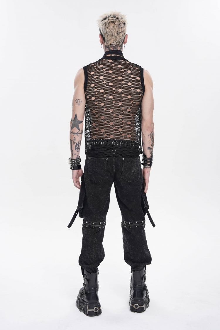 Black Round Collar Sleeveless Cut-Out Mesh Ripped Chain-Decorated Eyelet Men's Punk Cool Vest - Product - 4
