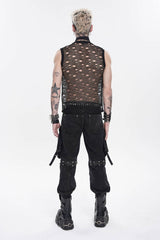Black Round Collar Sleeveless Cut-Out Mesh Ripped Chain-Decorated Eyelet Men's Punk Cool Vest - Product - 4