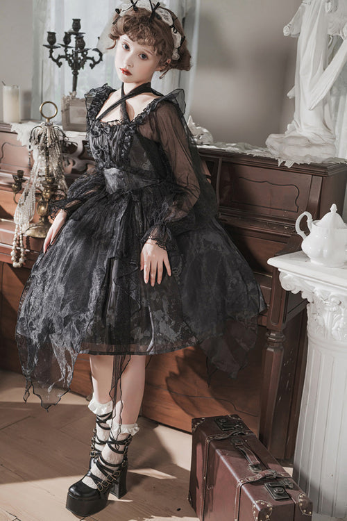 Black Ruffled Strap Mesh Lantern Sleeves High Waisted Irregular Hem Gothic Lolita OP Dress - Product - 5