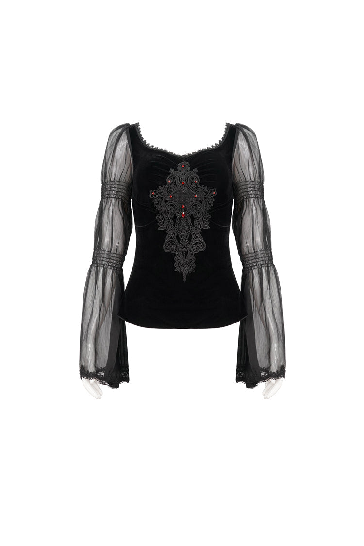 Black Velvet Paneled Chiffon Long Sleeves Chest Applique With Blood Red Diamonds Women's Gothic T-Shirt - Product - 8