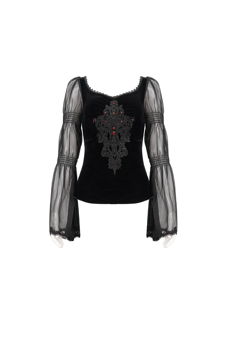 Black Velvet Paneled Chiffon Long Sleeves Chest Applique With Blood Red Diamonds Women's Gothic T-Shirt - Product - 8
