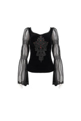 Black Velvet Paneled Chiffon Long Sleeves Chest Applique With Blood Red Diamonds Women's Gothic T-Shirt - Product - 8
