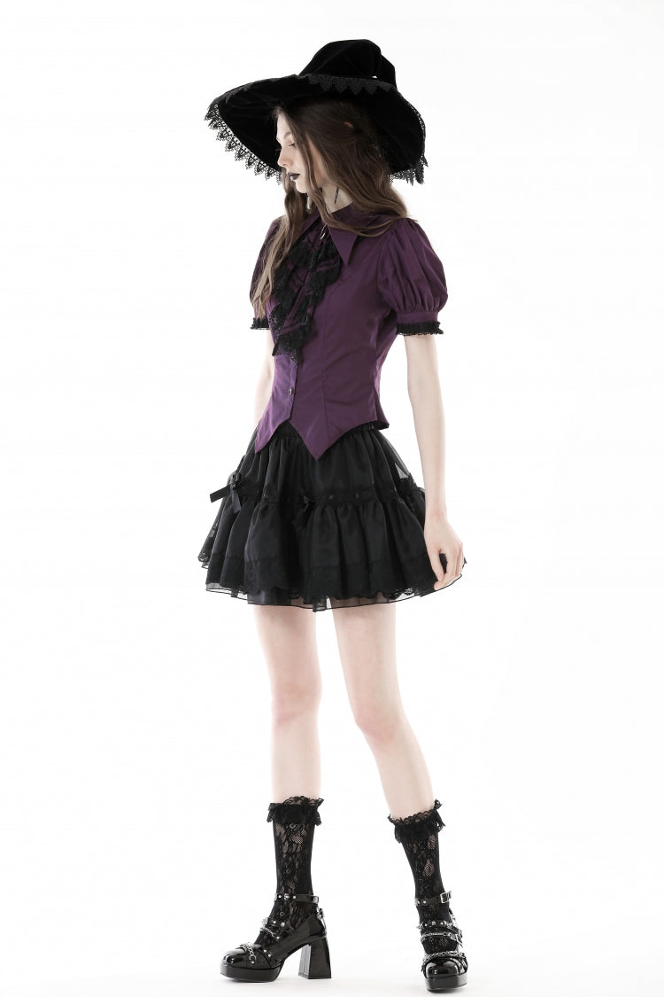 Purple Moon Frilly Collar Short Puff Sleeves Women's Gothic Blouse - Product - 11