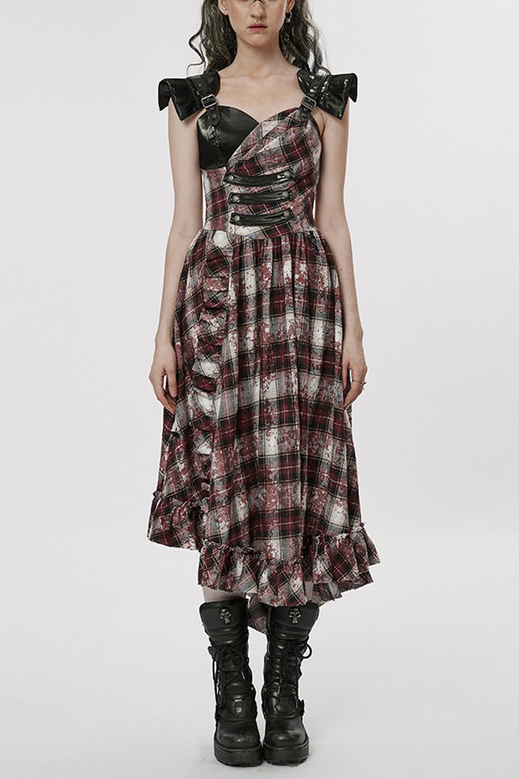 Black/Red Leather Shoulder Strap Plaid Print Ruffle Stitching Irregular Women's Steampunk Dress - Black/Red - 1