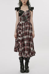 Black/Red Leather Shoulder Strap Plaid Print Ruffle Stitching Irregular Women's Steampunk Dress - Black/Red - 1