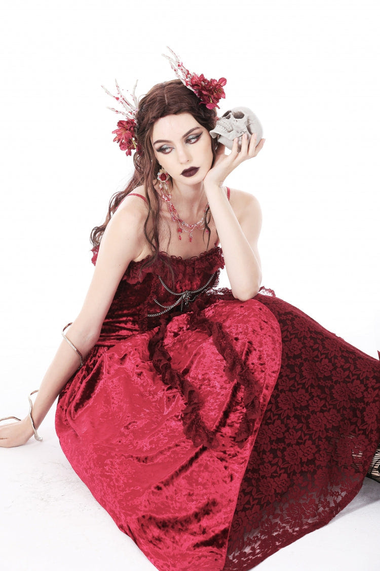 Red Sleeveless Spliced Lace Chain-Decorated Women's Gothic Velvet Slip Maxi Dress - Product - 10