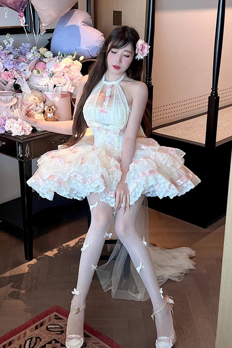 Beige [Ballet Dream] Halterneck Triple-Layered Ruffle Bowknot Lace-Up Sweet Princess Lolita Dress - Product - 11
