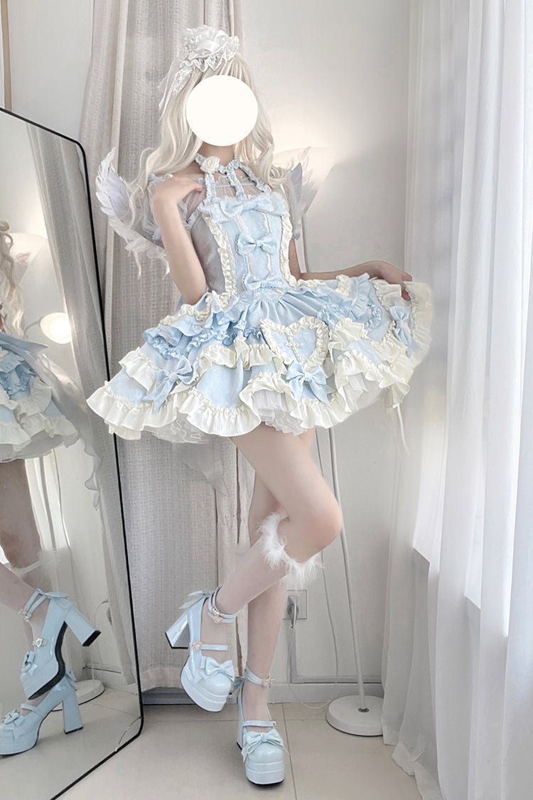 Blue [Heart of Butterfly] Halterneck Sleeveless Multi-Layered Ruffle Embroidery Princess Ballet Lolita Jsk Dress Set - Product - 4