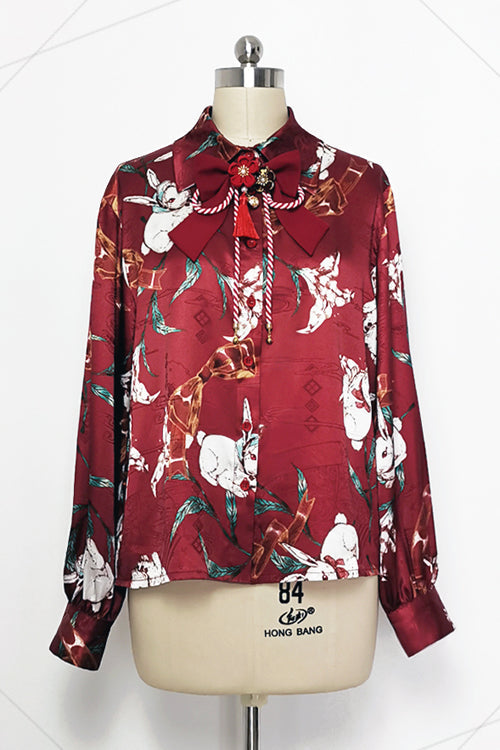 Red Original Lily Rabbit Print Lapel Collar Long Sleeves Ouji Lolita Blouse - Red - 1