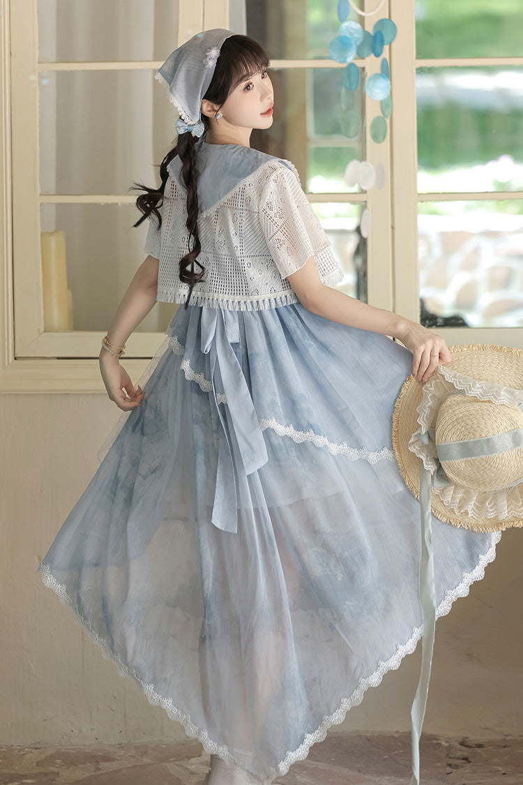 Blue [Clouds Resting in the Wilderness] Print Ruffle Embroidery Bowknot Lace Irregular Lolita Jsk Dress - Product - 12