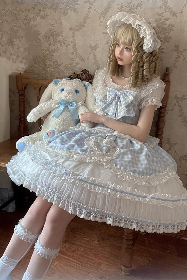 Blue [Tea Break Sweetheart] Short Sleeves Multi-Layered Plaid Print Ruffle Sweet Lolita Dress - Product - 8