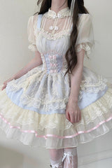 Flower Bud Halterneck Print Ruffle Lace Sweet Chinese Ballet Style Lolita Jsk Dress 3 Colors - Product - 4