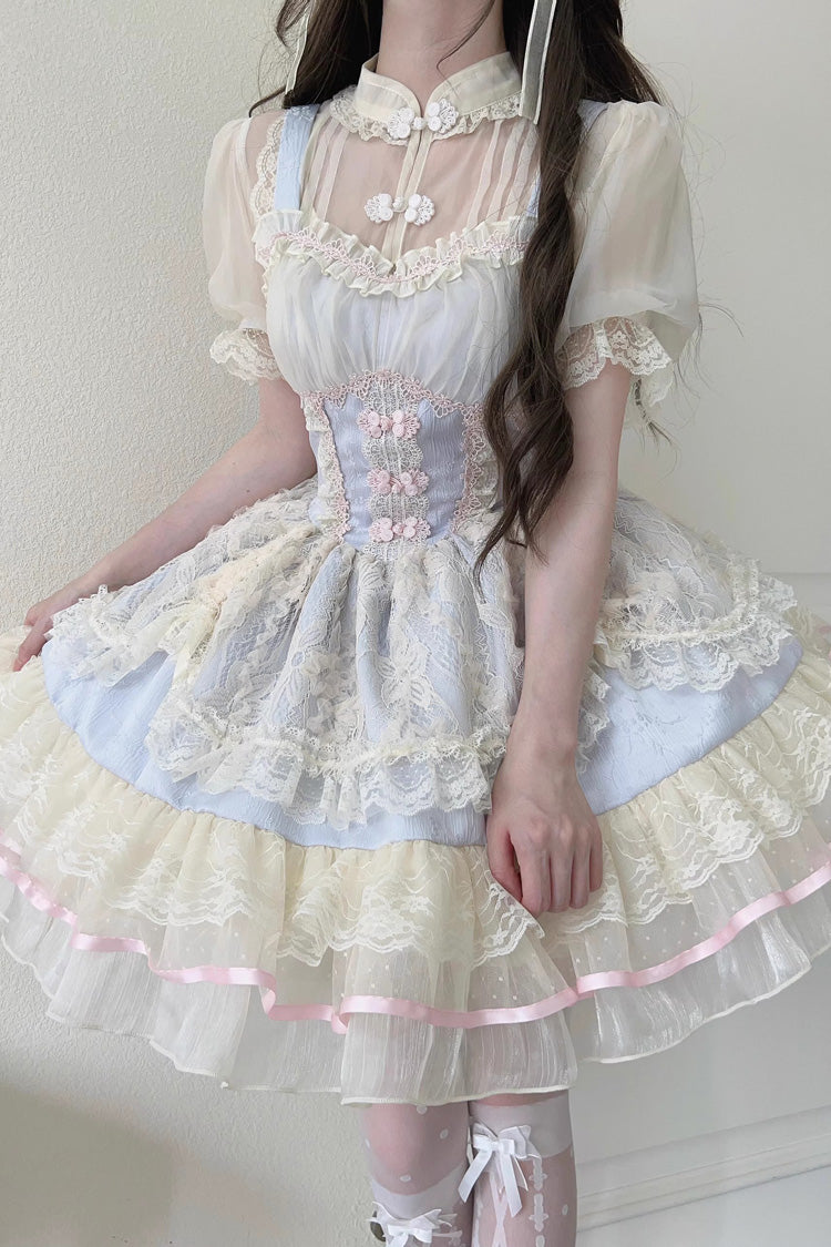 Flower Bud Halterneck Print Ruffle Lace Sweet Chinese Ballet Style Lolita Jsk Dress 3 Colors - Product - 4