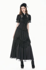 Black Stand Collar Short Puff Sleeves Sheer Lace Lace-Up Women's Gothic Blouse with Detachable Bowknot - Product - 11