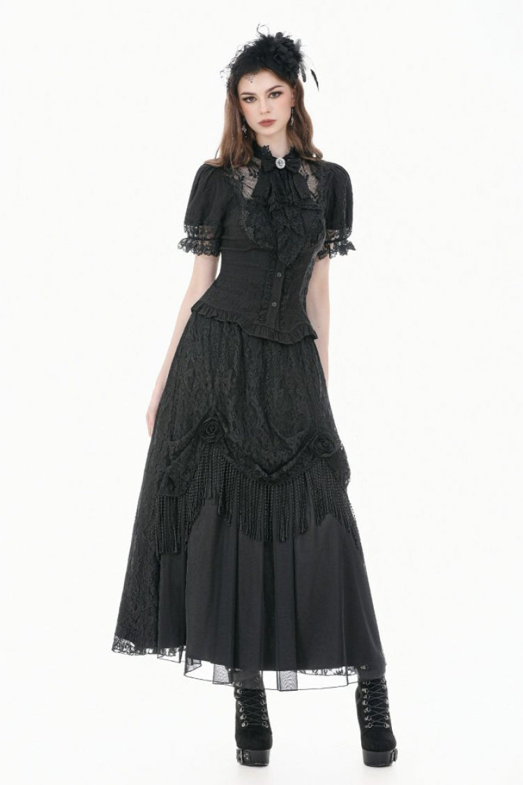 Black Stand Collar Short Puff Sleeves Sheer Lace Lace-Up Women's Gothic Blouse with Detachable Bowknot - Product - 11