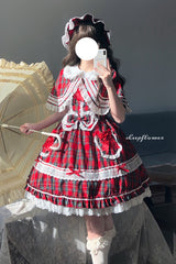 Red [Bobo Bunny Doll] Printed Ruffled Bow Lace-Up Sweet Lolita Jsk Dress 2 Colors - Red(Plaid) - 6
