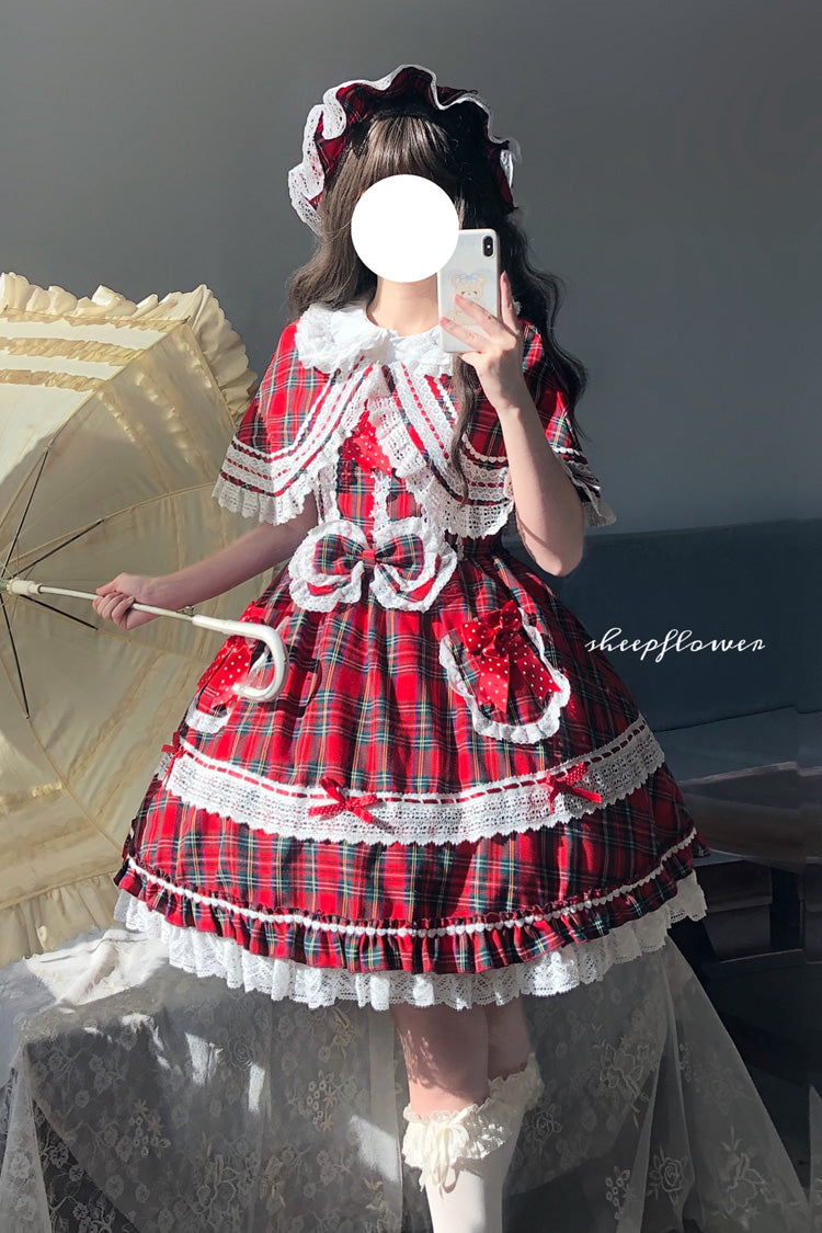 Red [Bobo Bunny Doll] Printed Ruffled Bow Lace-Up Sweet Lolita Jsk Dress 2 Colors - Red(Plaid) - 6