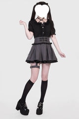 Grey/Black Leather Buckle Leg Ring Double-Layered Ruffle Sweet Jirai Kei Japanese Skirt - Product - 4