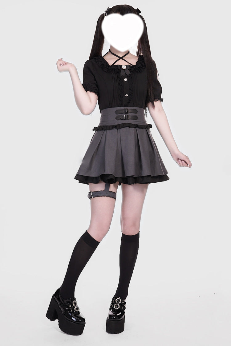 Grey/Black Leather Buckle Leg Ring Double-Layered Ruffle Sweet Jirai Kei Japanese Skirt - Product - 4