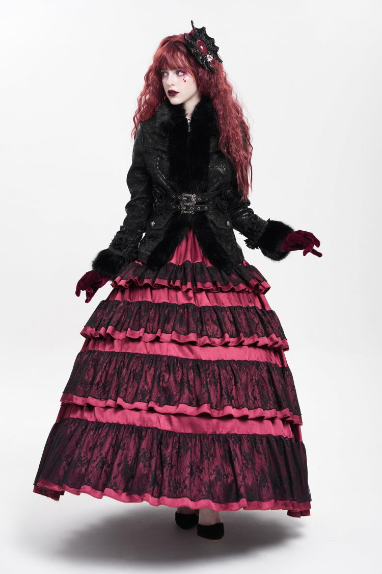 Black Long Sleeves Rose Floral Embroidery Buckle Straps Women's Gothic Coat - Product - 11
