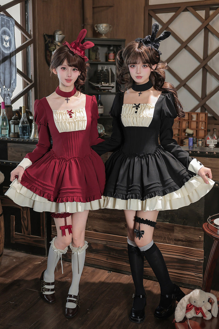 [Liya] Square Collar Long Lantern Sleeves Multi-Layered Ruffled Classic Elegant Lolita Dress 2 Colors (Black, Red) - Product - 2