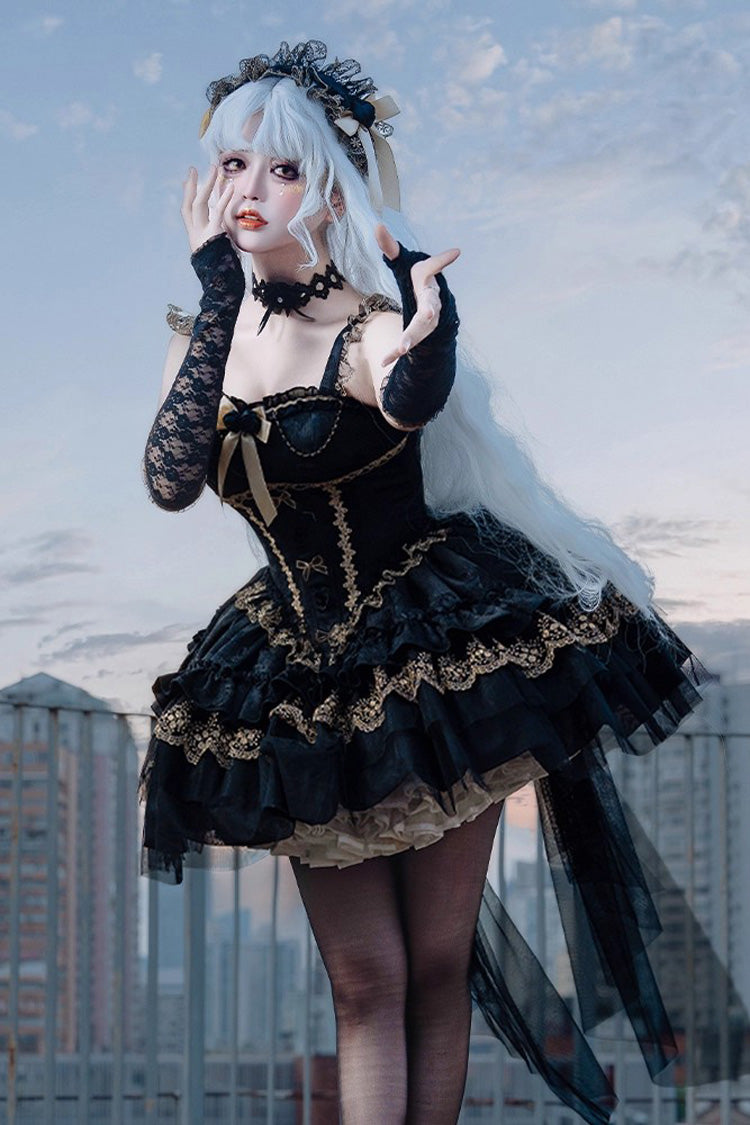 Black [Fleeting Light and Shallow Dream] Sleeveless Multi-Layered Ruffle Bowknot Lace Slim Gothic Ballet Lolita Jsk Dress - Product - 4