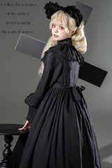 Black [Quiet Place] Long Sleeves Jacquard Ruffle Embroidery Bowknot Gothic Lolita Dress - Product - 6