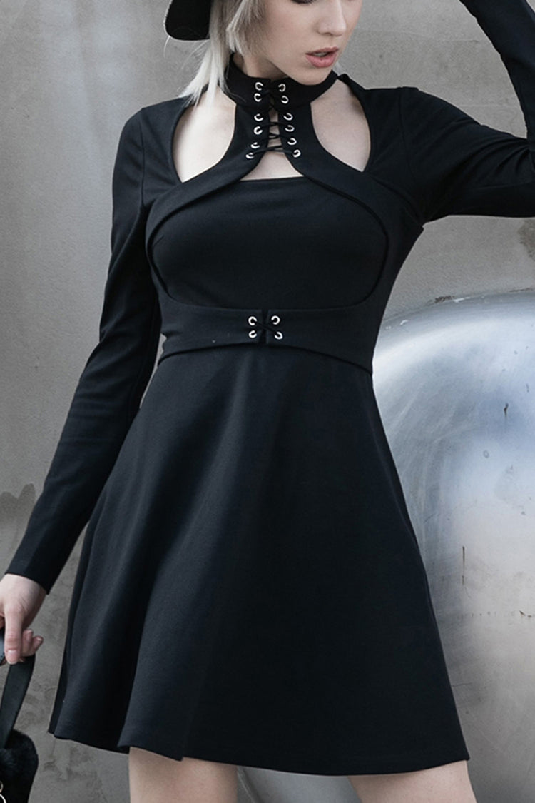 Black High Collar Front Chest Lace-Up Shoulder Hollow-Out Long Sleeve Women's Punk Dress - Black - 1