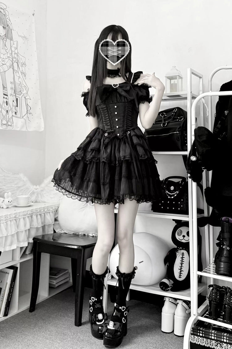 Black [Pearl Nocturne] Square Collar Flutter Sleeves Multi-Layered Printed Ruffled Bow Lace Gothic Japanese Lolita Dress - Product - 2