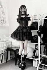 Black [Pearl Nocturne] Square Collar Flutter Sleeves Multi-Layered Printed Ruffled Bow Lace Gothic Japanese Lolita Dress - Product - 2