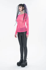 Red Elasticity High Neck Long Sleeve Mesh Women's Gothic T-Shirt - Product - 4
