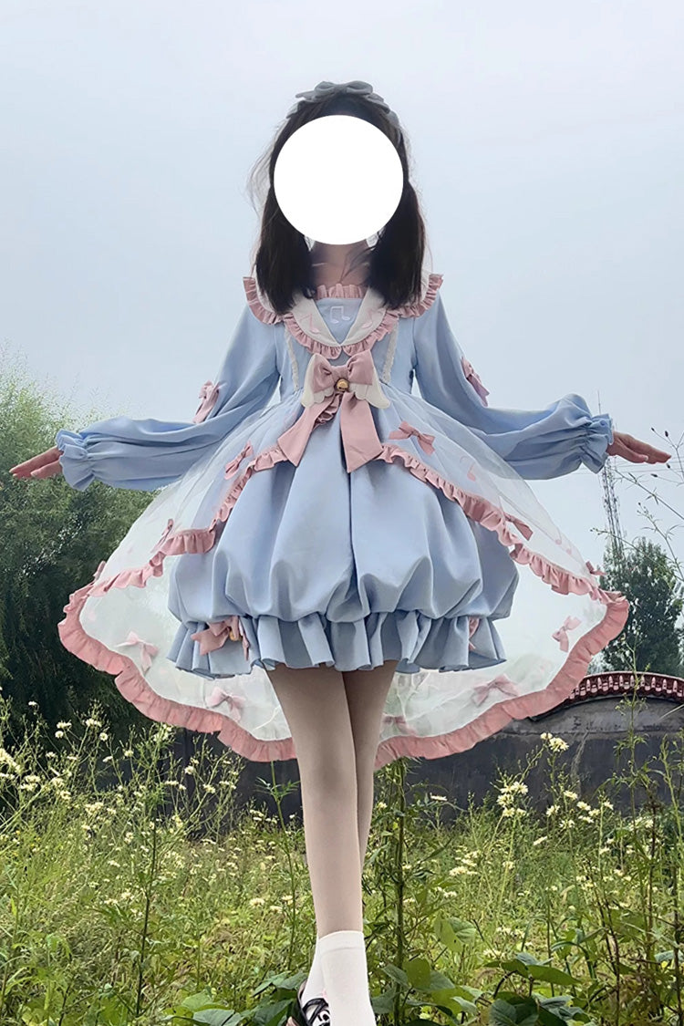 Blue Long Sleeves Music Notes Print Ruffle Bowknot Lace Sweet Lolita Dress - Blue - 1