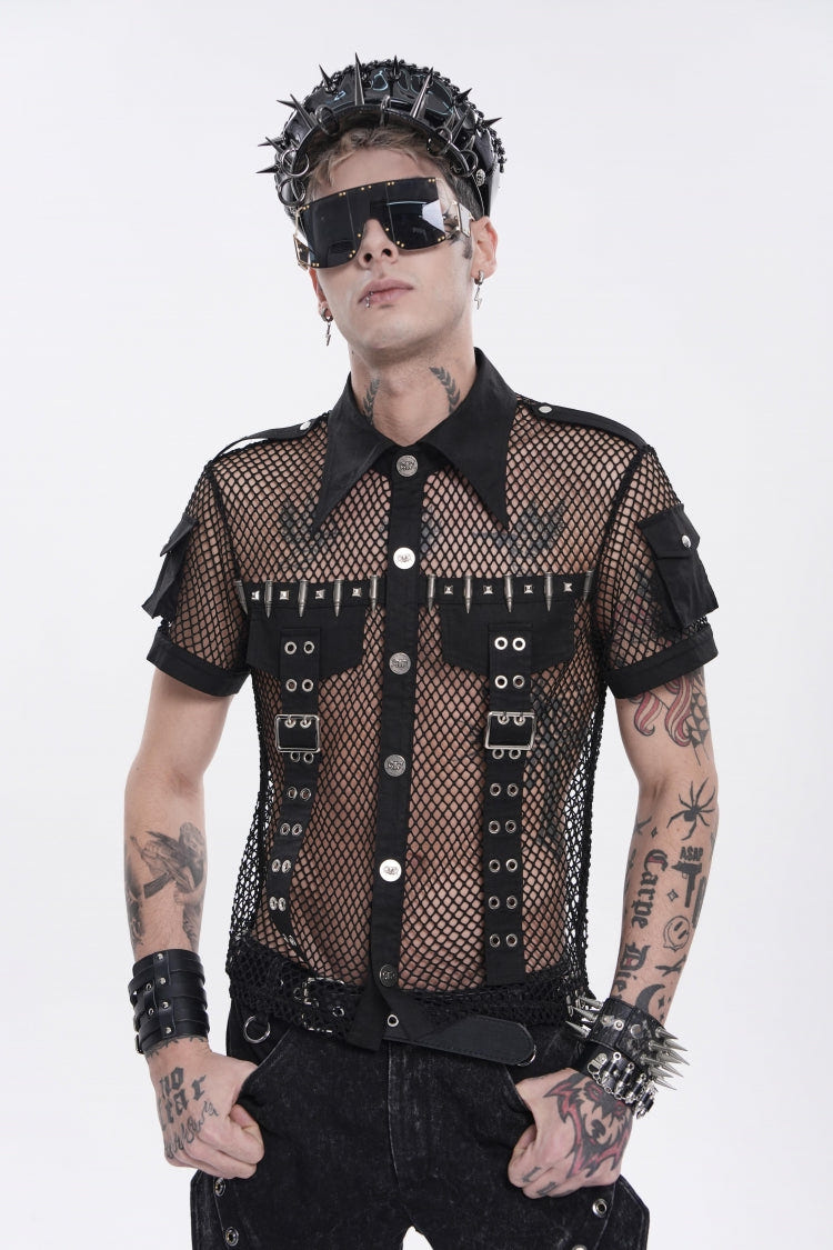 Black Lapel Collar Short Sleeves Cut-Out Spliced Sheer Mesh Studded Eyelet Men's Punk Small Pockets Cool Shirt - Product - 14