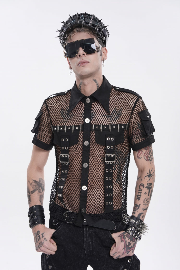 Black Lapel Collar Short Sleeves Cut-Out Spliced Sheer Mesh Studded Eyelet Men's Punk Small Pockets Cool Shirt - Product - 14