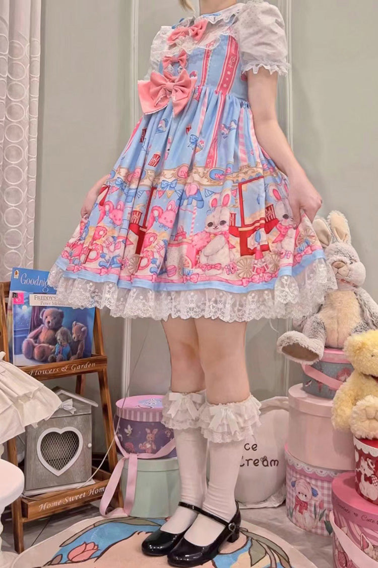 Blue/Pink Doll Playground Print Ruffle Bowknot Sweet (Dress Only) detail view 7