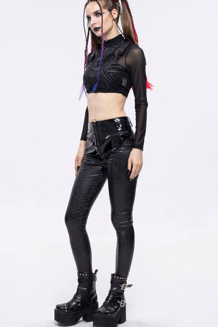 Black Gothic Hexagon Pattern Irregular Star Reflection Shiny Elasticity Leather Women's Leggings - Product - 9